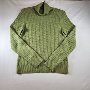 Tweeds 2-Ply Cashmere Sweater Green Womens Turtleneck Cable Knit Medium Read